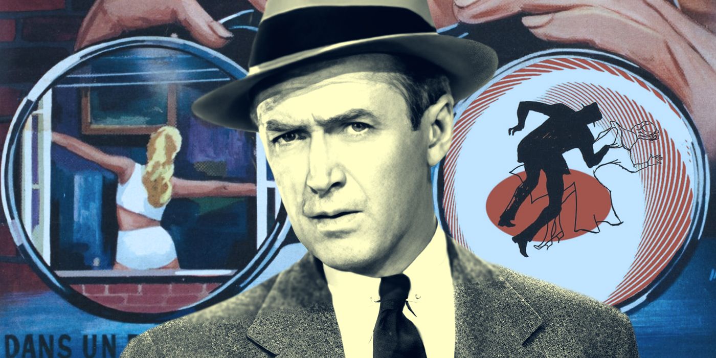 Blended image showing James Stewart and a pair of binoculars with posters from two movie posters reflected on the lenses.