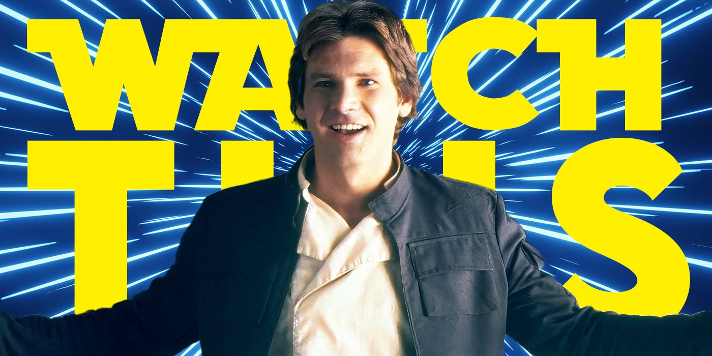 Blended image showing Han Solo smiling with a quote in the background