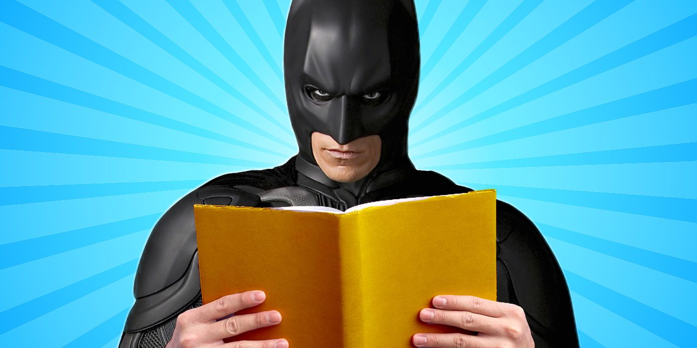 A custom image of Christian Bale's Batman holding a book