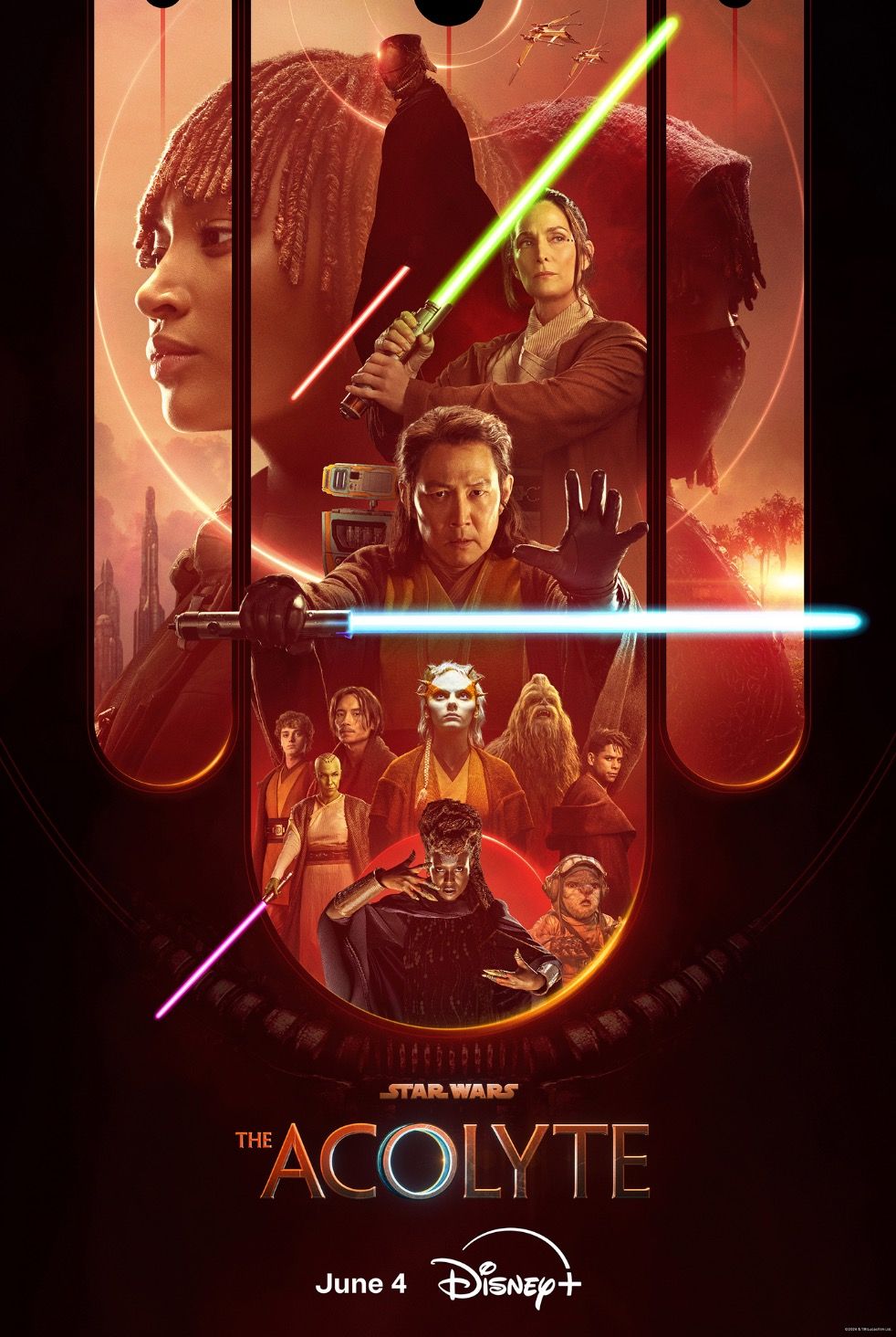 A new poster for The Acolyte showing off the series cast holding lightsabers above the official logo
