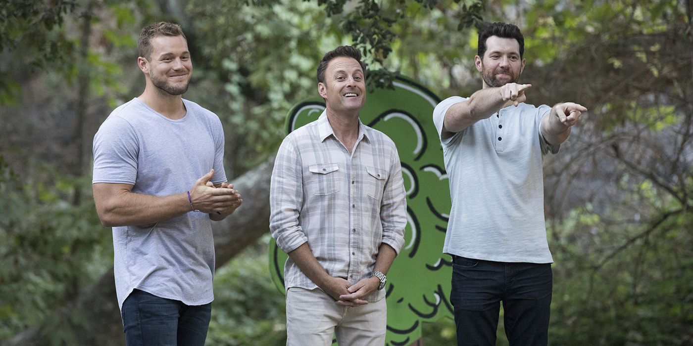 Billy Eichner with Chris Harrison and Colton Underwood, Eichner pointing ahead of him and the others smiling in The Bachelor.