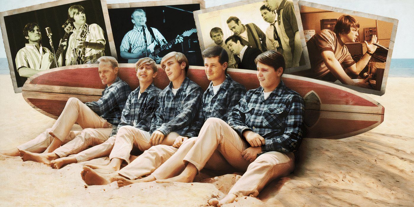 The Beach Boys wearing khaki pants and green plaid shirts while sitting on the sand. 