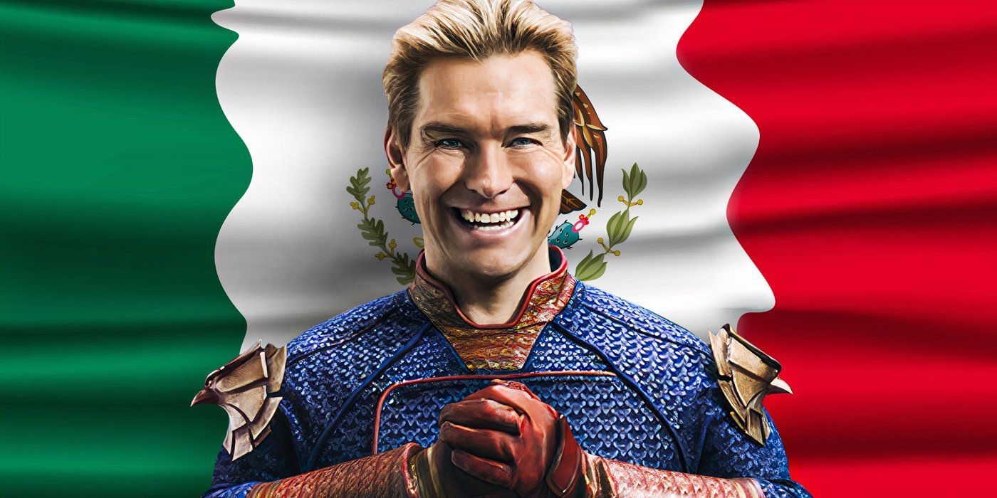 antony starr as homelander smiling with the Mexican flag in the background