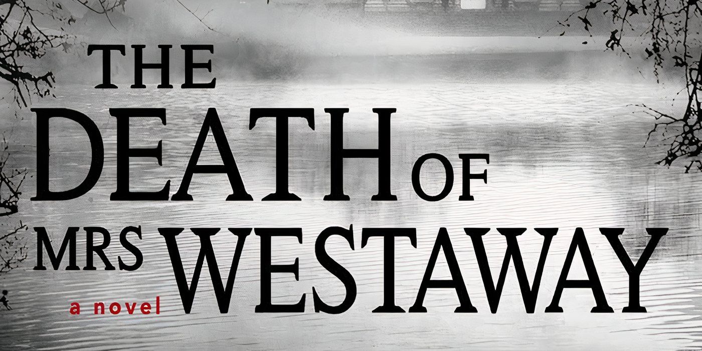 El fondo azul claro en blanco y negro detrás del texto de la portada de La muerte de la señora Westaway de Ruth Ware.