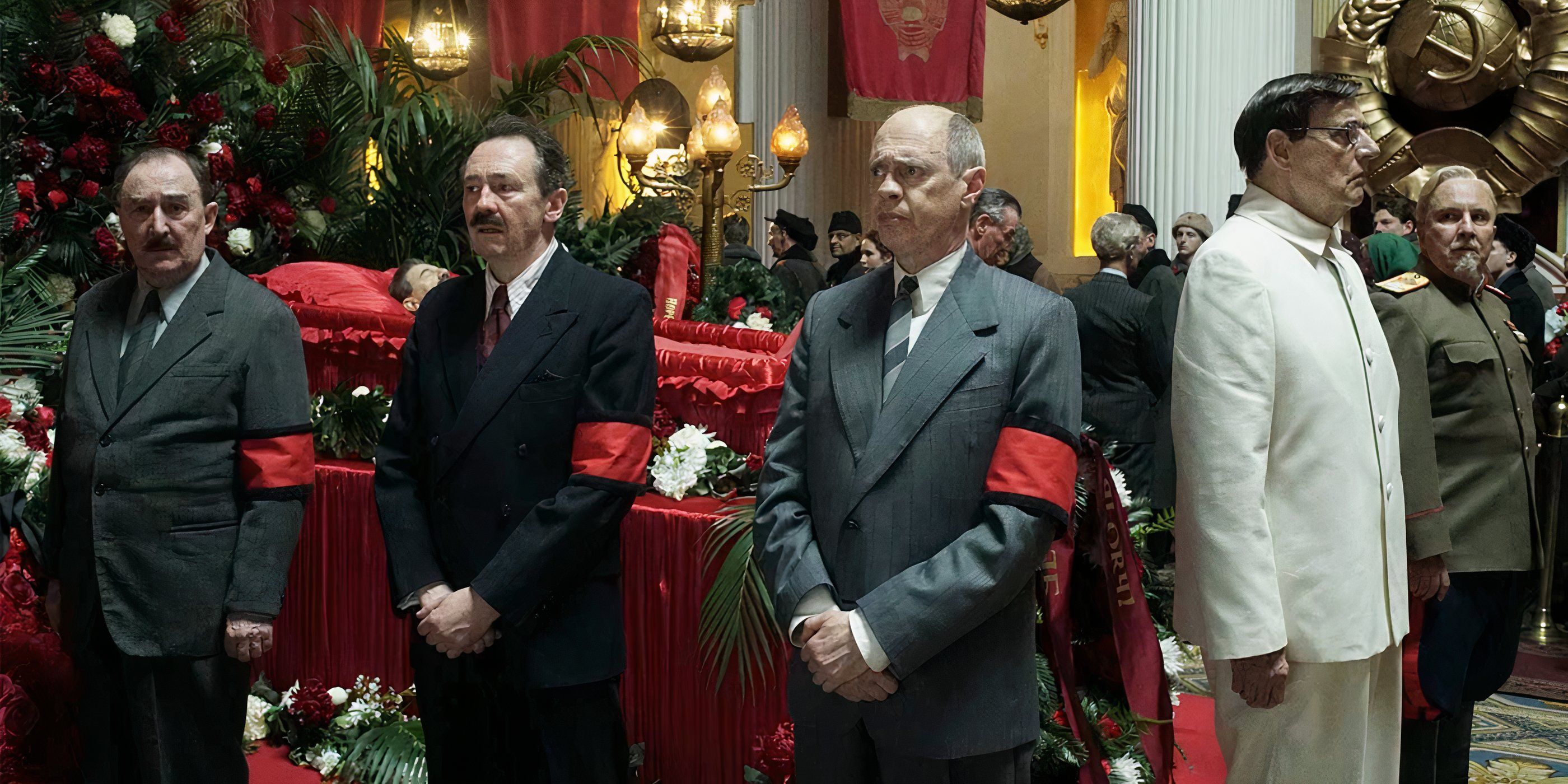 Senior political leaders of the Soviet Union stand around a ceremonial funeral for Stalin