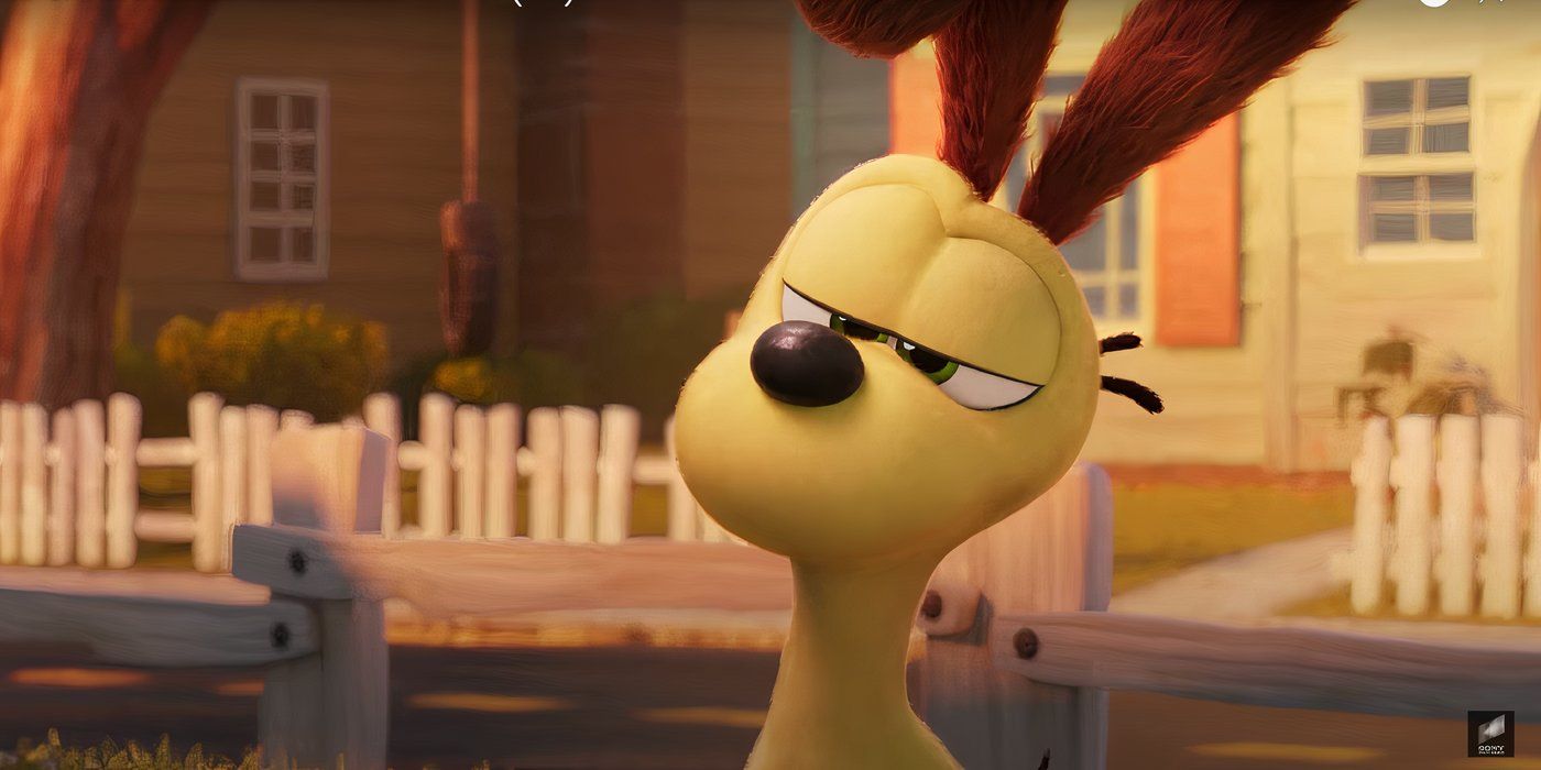 Odie, the skeptical-looking beagle in The Garfield Movie