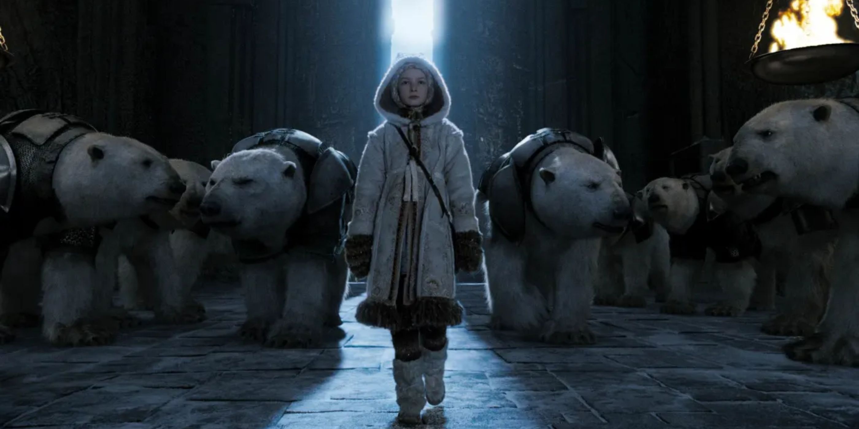 Lyra (Dakota Blue Richards) walks into a room with armoured polar bears in 'The Golden Compass' (2007)