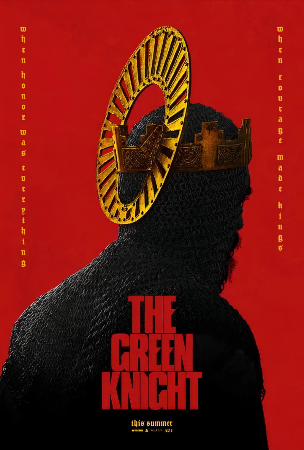 Sir Gawain, played by actor Dev Patel, faces away from camera, his head adorned with a golden crown, in the poster for The Green Knight.Sir Gawain, played by actor Dev Patel, faces away from camera, his head adorned with a golden crown, in the poster for The Green Knight.