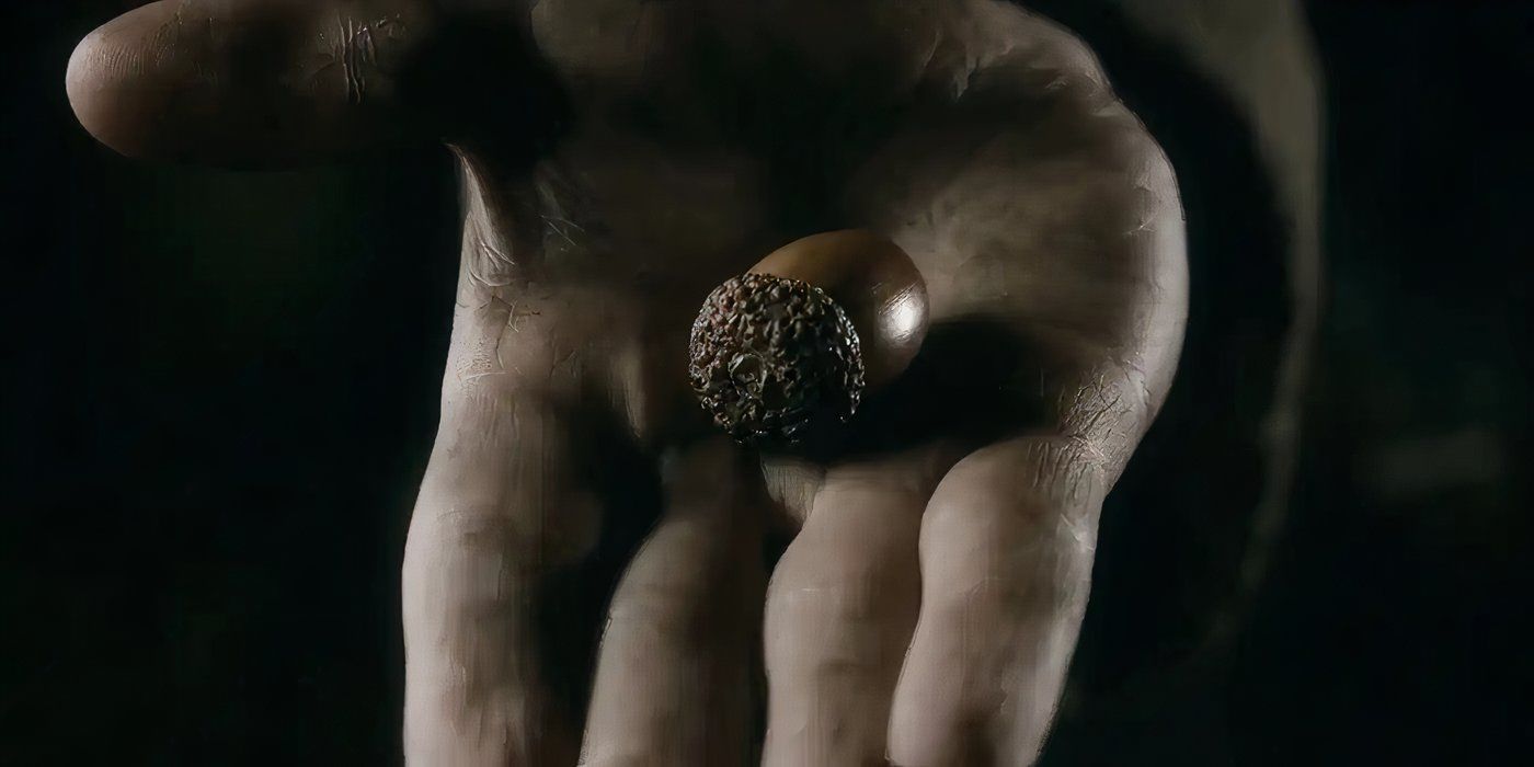 Bilbo Baggins holds an acorn he took from Beorn's garden