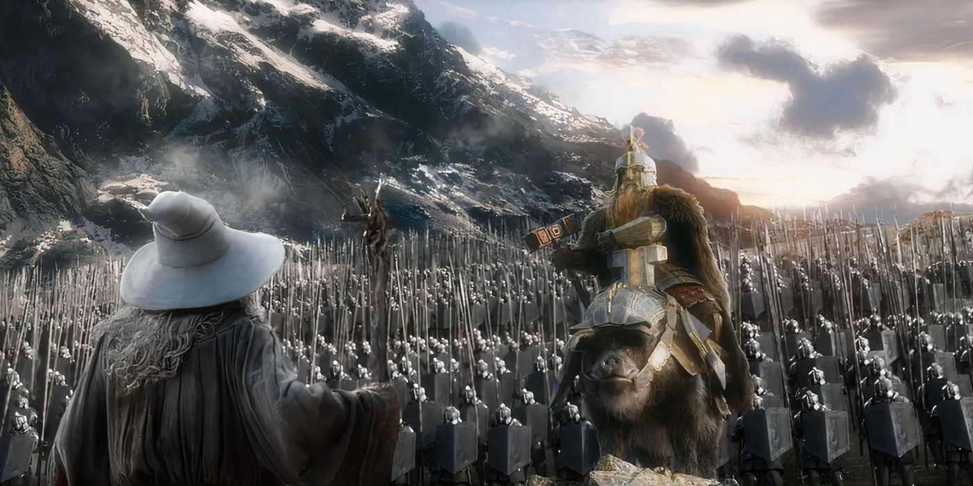 Dain Ironfoot rides atop a war boar as he speaks to Gandalf at the head of an army of dwarves