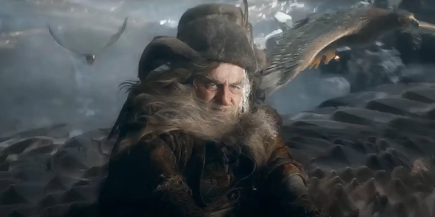 Radagast the Brown flying on the back of an eagle in The Hobbit: The Battle of the Five Armies