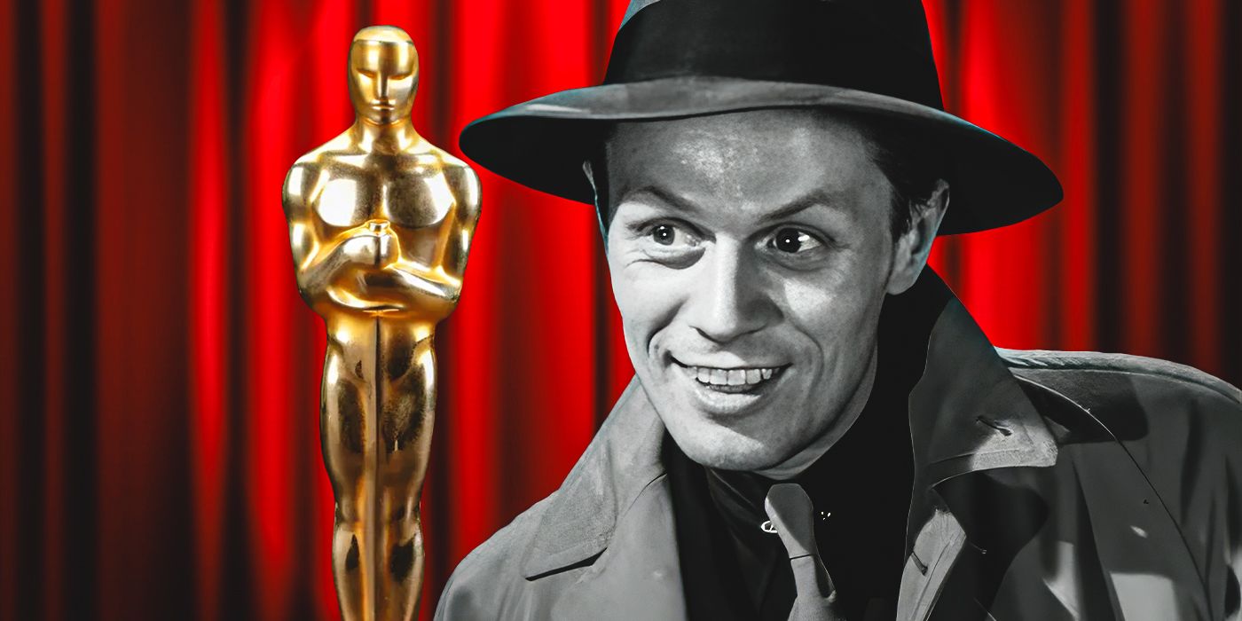 Richard Widmark as Tommy Udo from Kiss of Death against a red background with an Oscar statuette