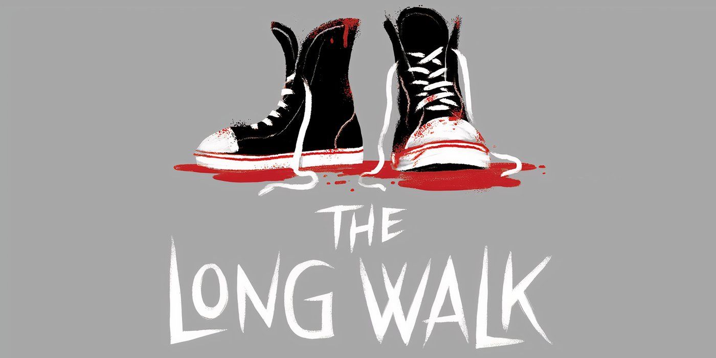 A pair of bloody converse sneakers over a gray background and white text that reads The Long Walk