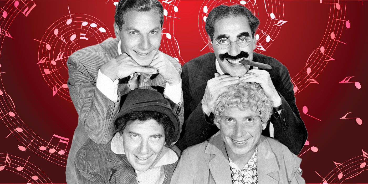 The Marx Brothers against a musical background