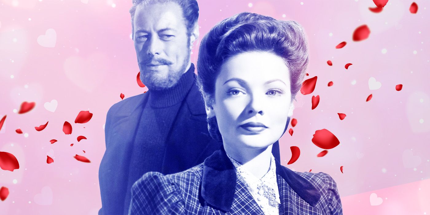 Custom image of Gene Tierney with Rex Harrison behind her against a pink & white backdrop with rose petals