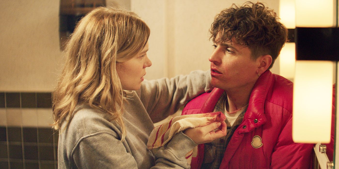 Léa Seydoux as Florence cleaning bloody nose of Raphaël Quenard&rsquo;s Willy in The Second Act.