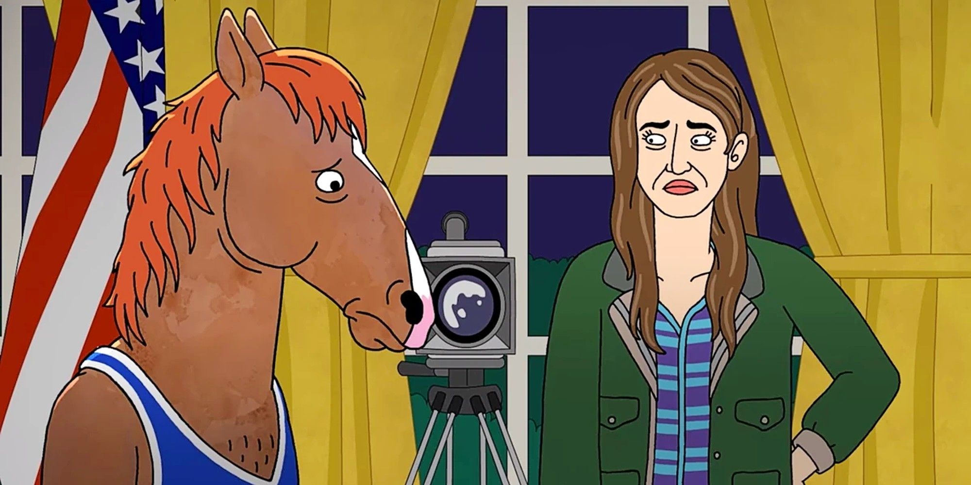 Bojack Horseman and Kelsey Jannings filming the Nixon scene for Secretariat in Bojack Horseman "The Shot"