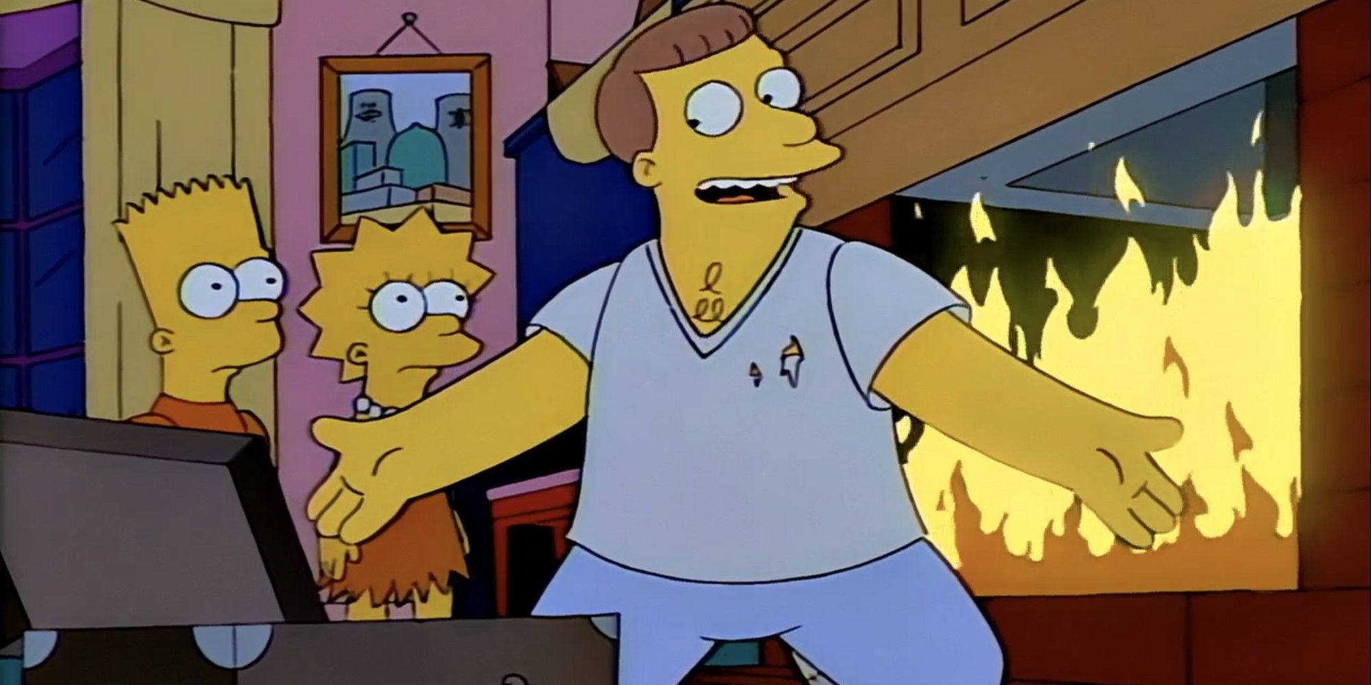 Lisa and Bart watch as Lionel Hurtz smiles while fire burns in the background in The Simpsons