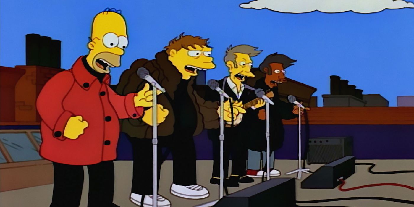 The Be-Sharps barbershop quartet parody the Beatles' rooftop concert from &lsquo;Let It Be&rsquo; in &lsquo;The Simpsons&rsquo;