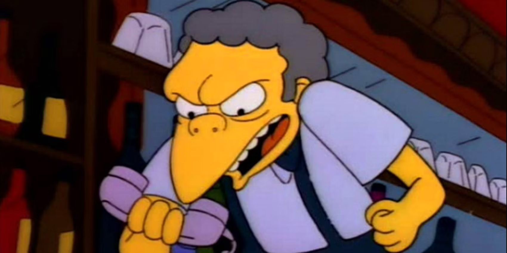 Moe angrily yelling at the phone in The Simpsons