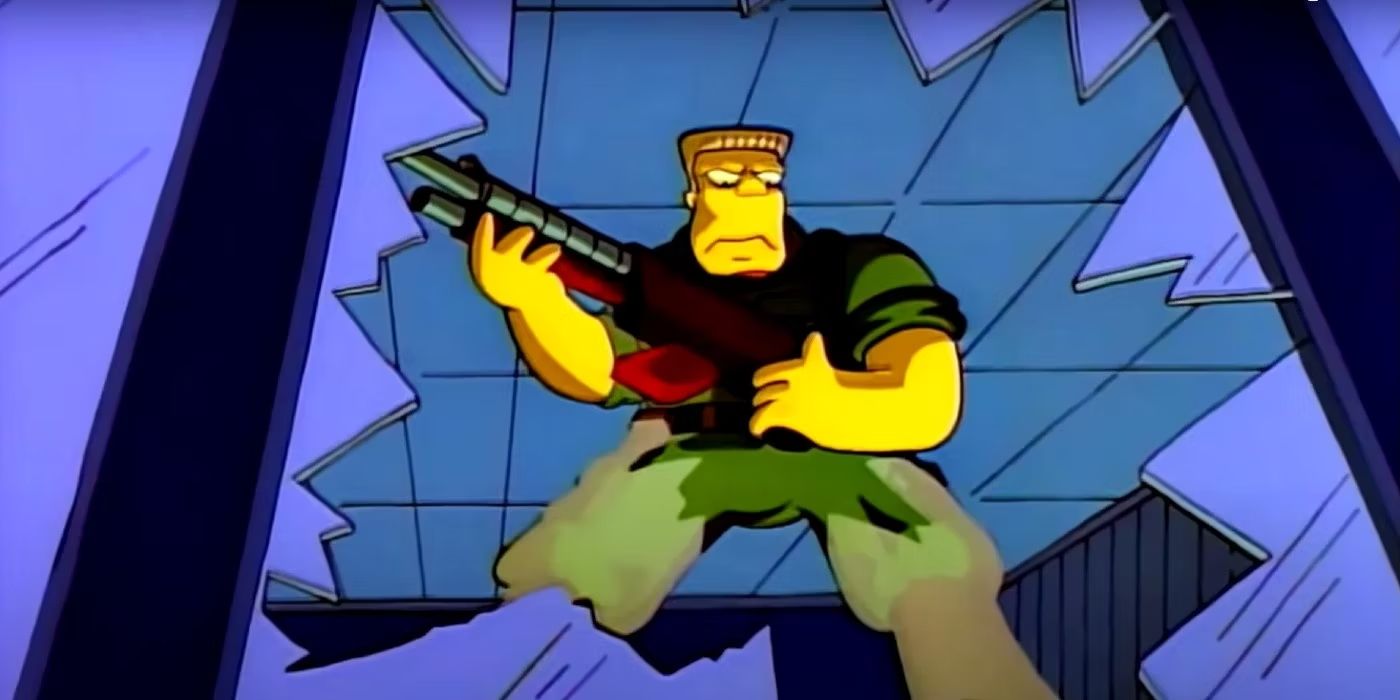 Rainier-Wolfcastle holding a gun and looking down from a broken window in The Simpsons