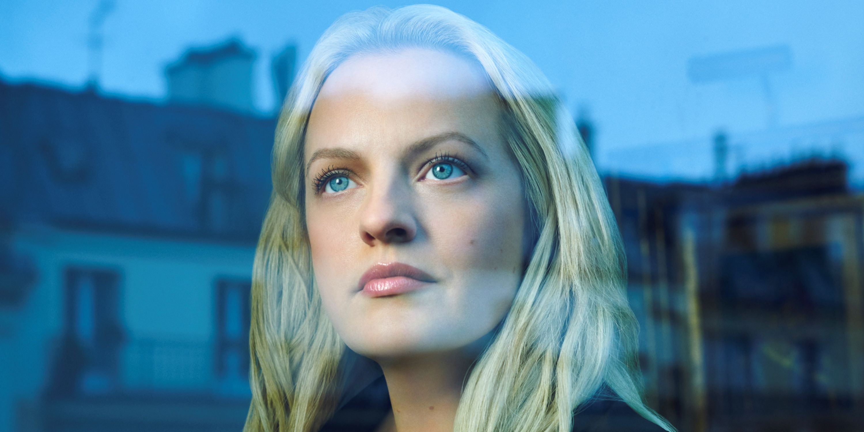 Elisabeth Moss as Imogen Salter looking out a window in an FX gallery promo shot for The Veil