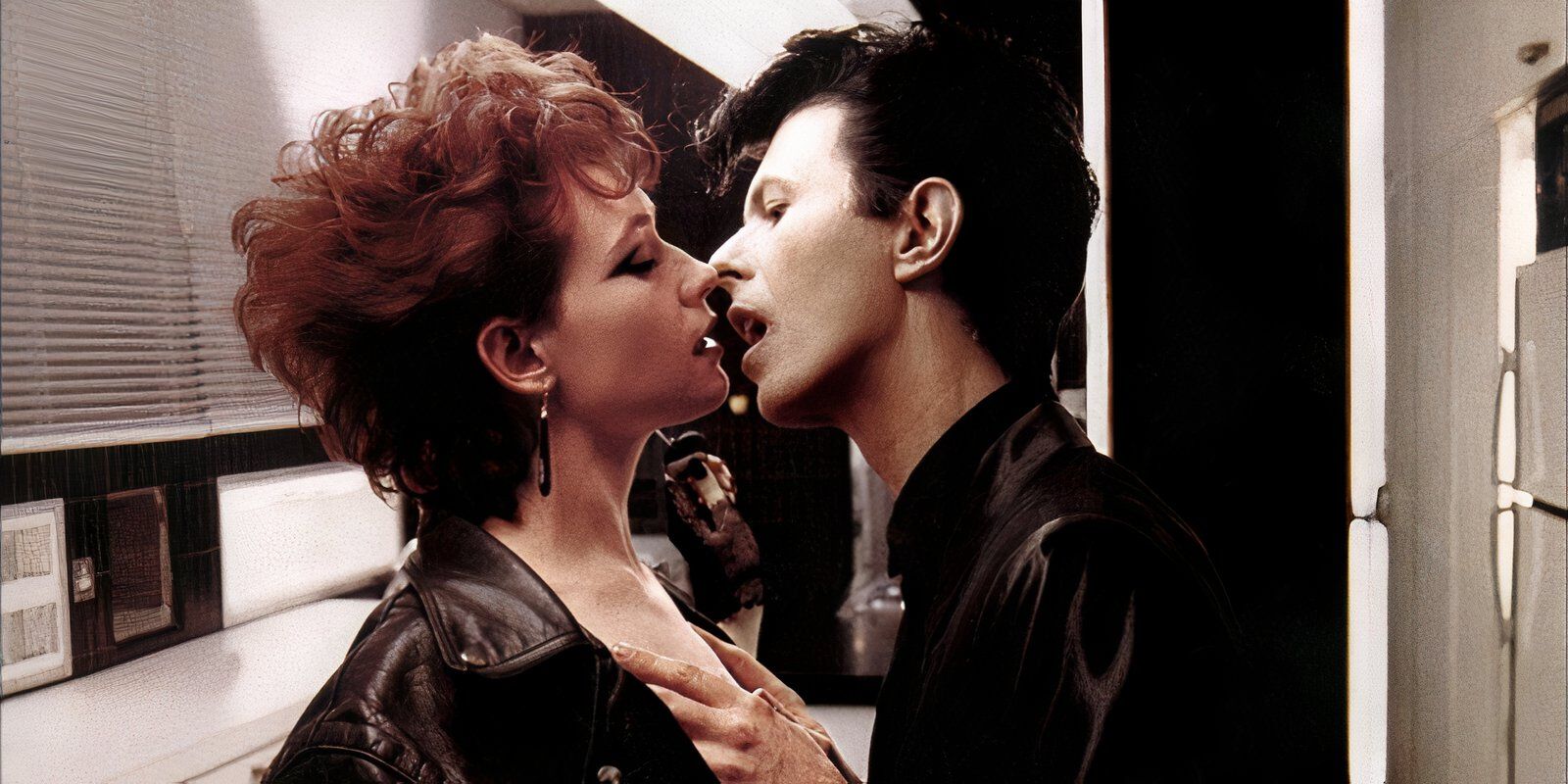 Susan Sarandon as Sarah Roberts and David Bowie as John Blaylock about to make out in 'The Hunger' (1983)