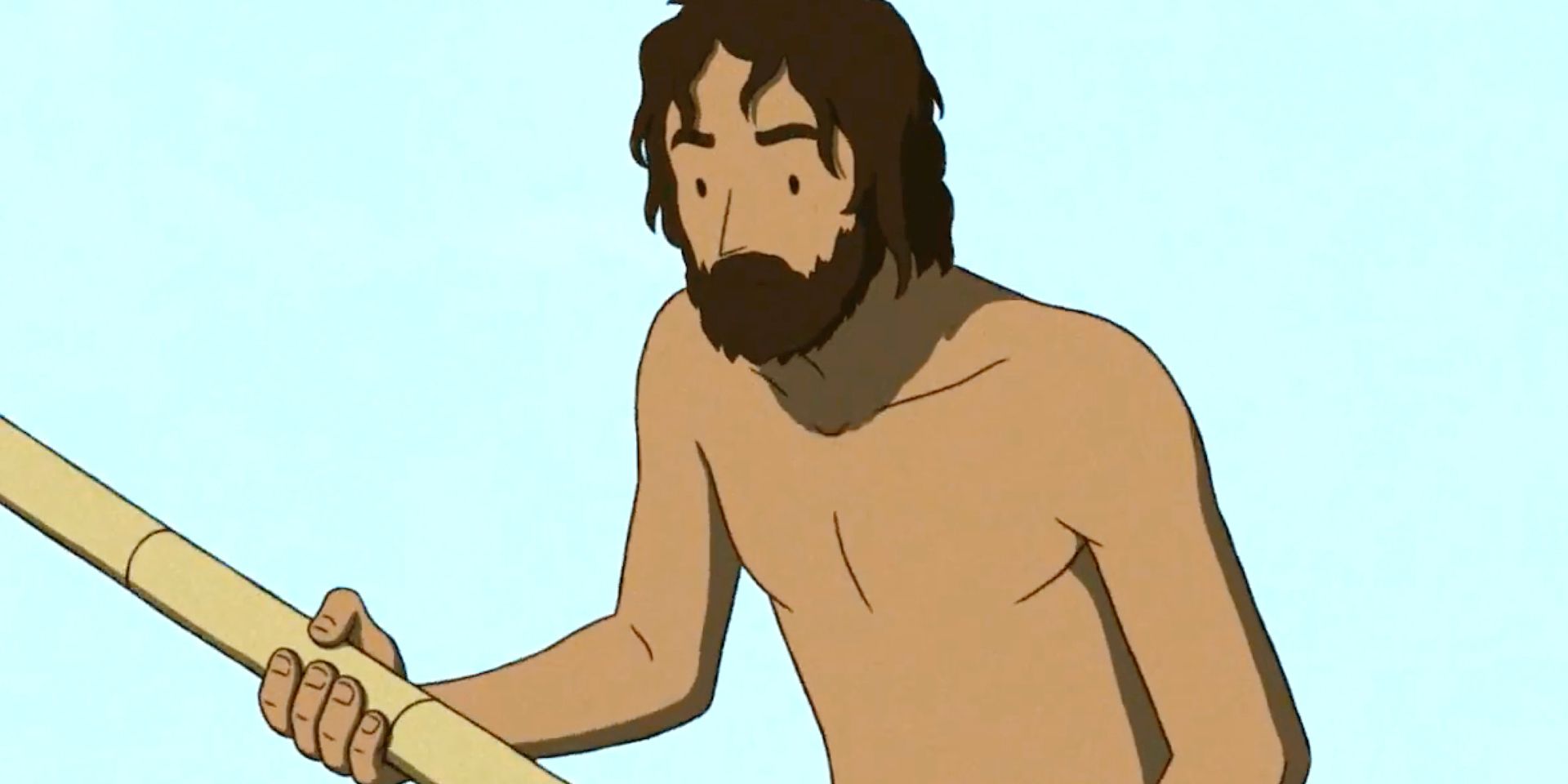 A bearded man holding a bamboo stick in The Red Turtle