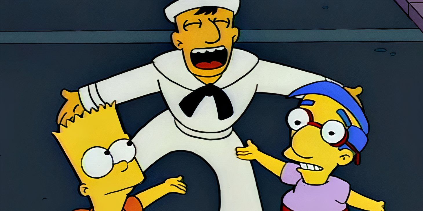 Bart, Milhouse, and a New York sailor singing during the 'Springfield, Springfield' musical number in The Simpsons episode 'Boy Scoutz 'n the Hood'
