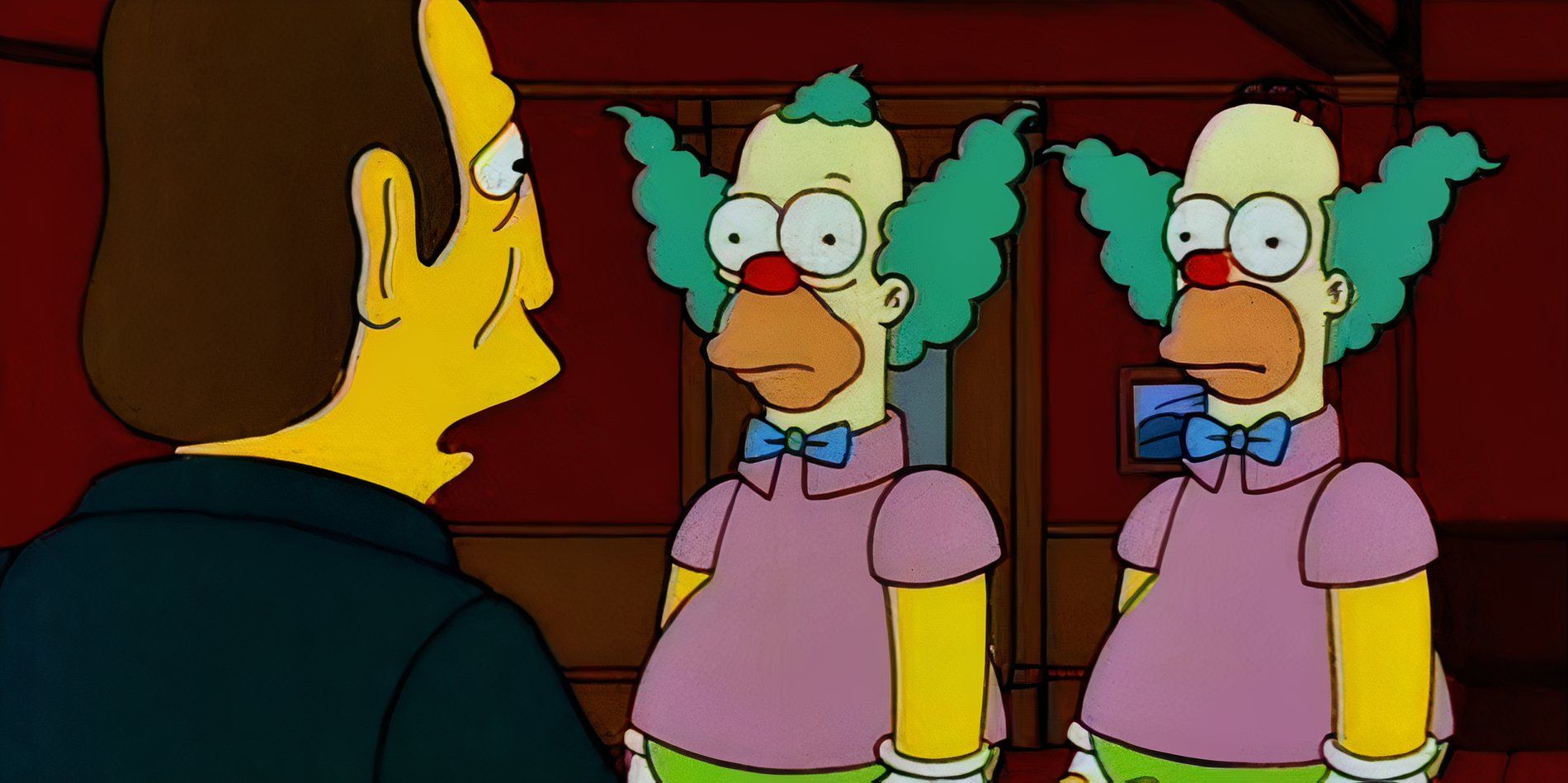 A mobster looking at Krusty the Clown and Homer dressed as Krusty the Clown in the Simpsons episode 'Homie the Clown'