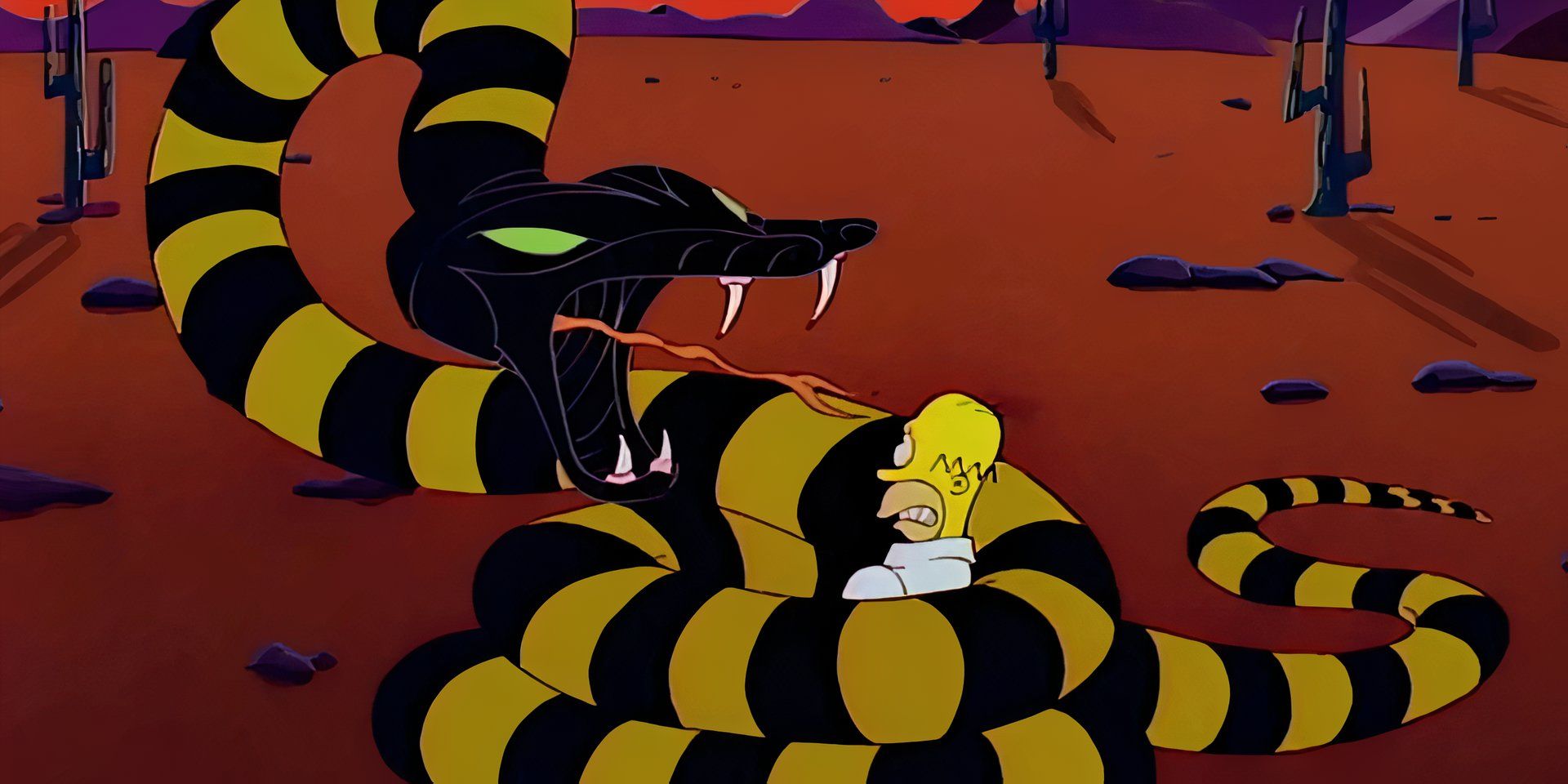 Homer being wrapped up and attacked by a giant black and yellow snake in The Simpsons episode 'The Mysterious Voyage of Our Homer'