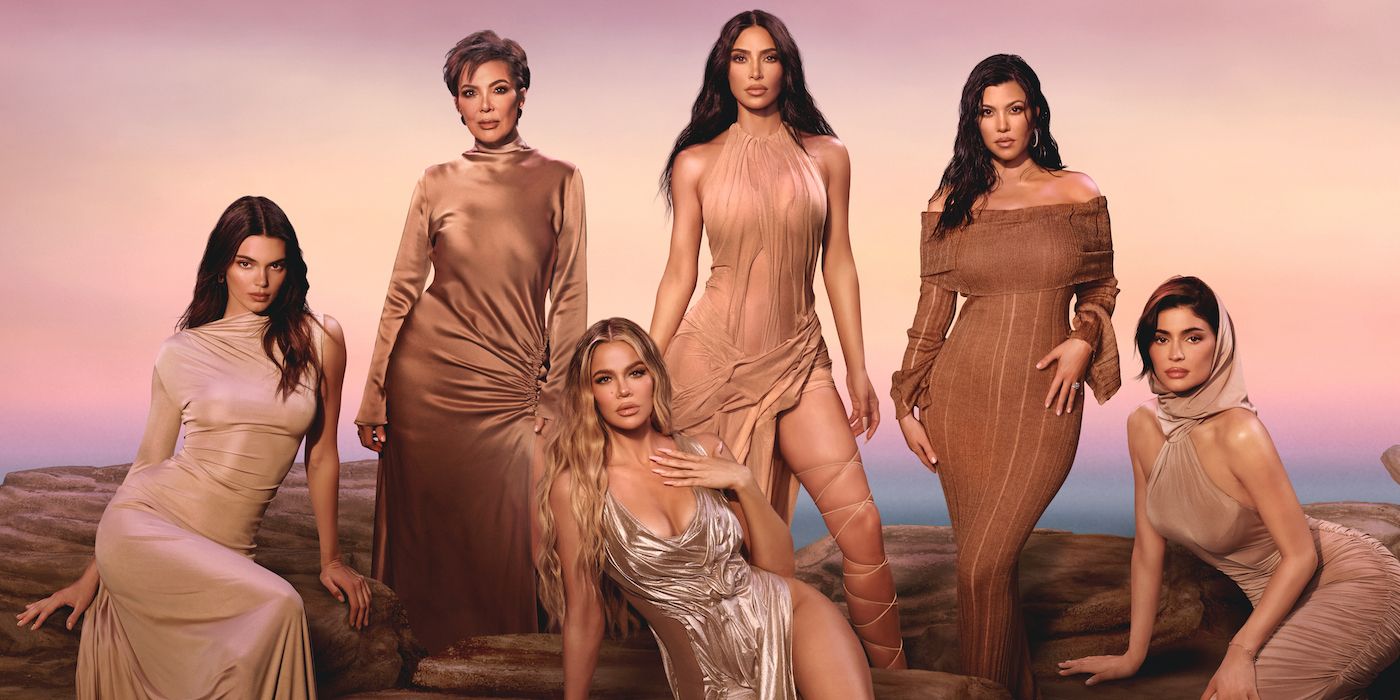 Kendall Jenner, Kris Jenner, Khloé Kardashian, Kim Kardashian, Kourtney Kardashian, and Kylie Jenner pose for the title card of Season 5 'The Kardashians'