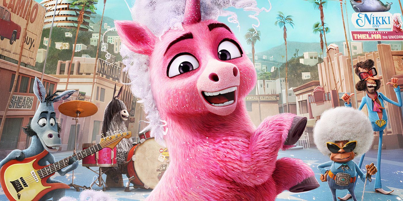 A pink unicorn smiling while posing in front of a donkey playing a guitar, a horse on the drums, and two humans in baby blue suits.