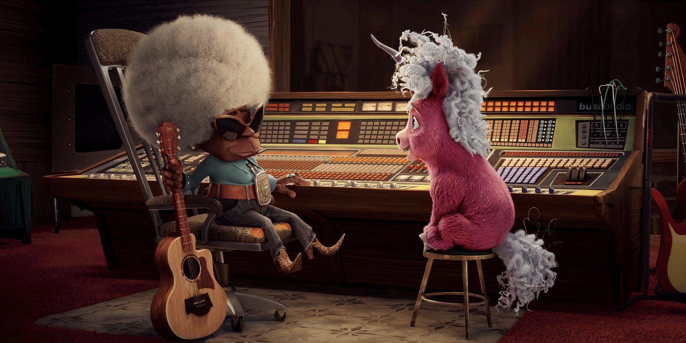 An elderly short woman with a graying large afro and sunglasses, clutching a guitar in sitting in a recording studio with a small pink unicorn sitting on a stool talking to her.