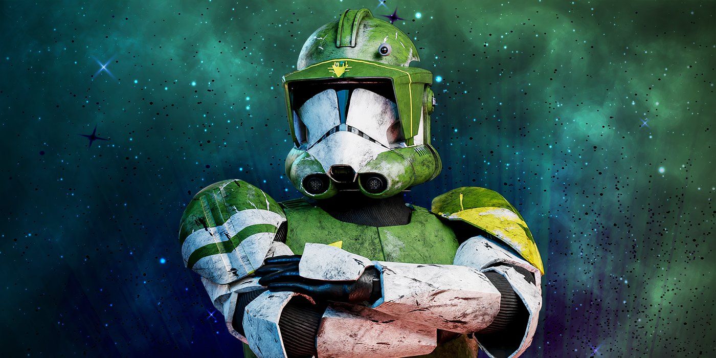 Commander Doom in his green and yellow armor from Star Wars: The Clone Wars with his arms crossed