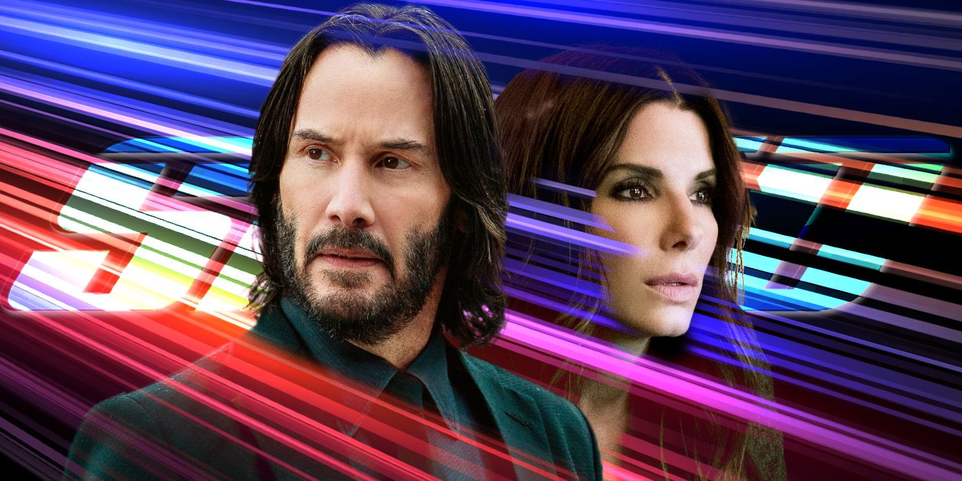 Custom Image of Keanu Reeves and Sandra Bullock against a multicolored background with the word 