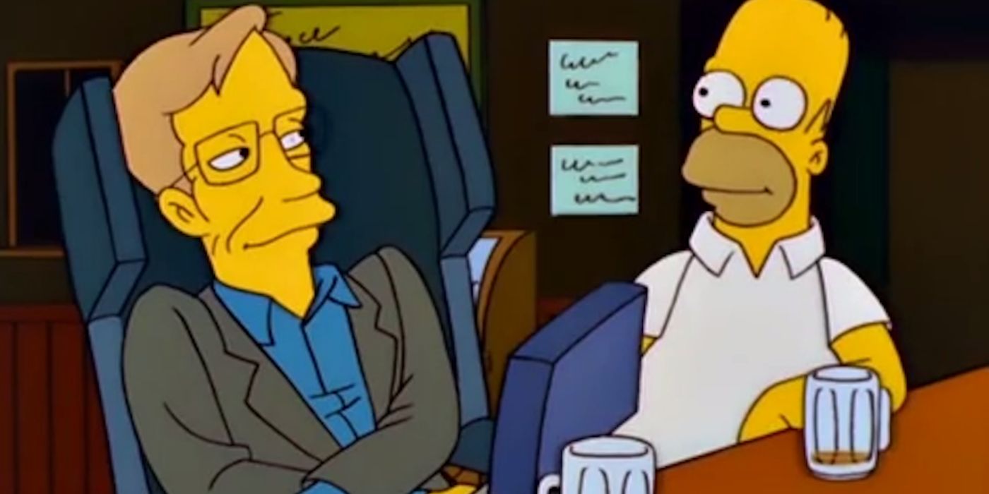 Homer Simpsons sits in Moe's Tavern sharing a drink with Stephen Hawking in 'The Simpsons' Season 10, Episode 23 "They Saved Lisa's Brain" (1998).
