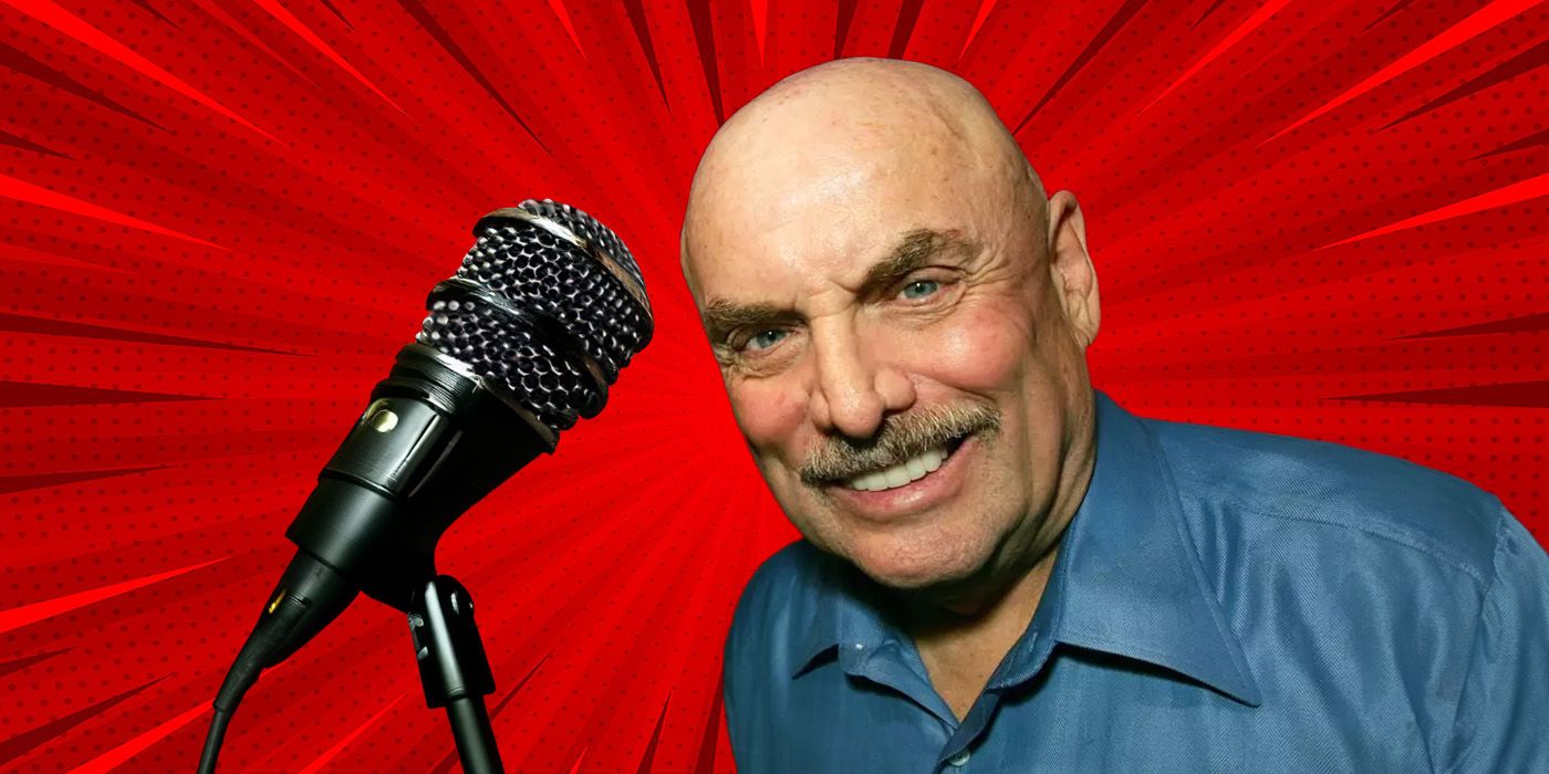 Don La Fontaine standing next to a mic against a red background