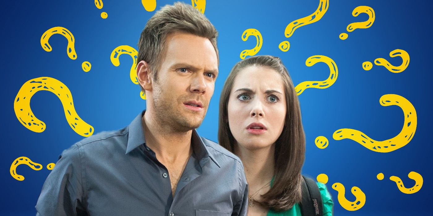 Joel McHale and Alison Brie as Jeff Winger and Annie Edison of Community, looking confused, surrounded by question marks