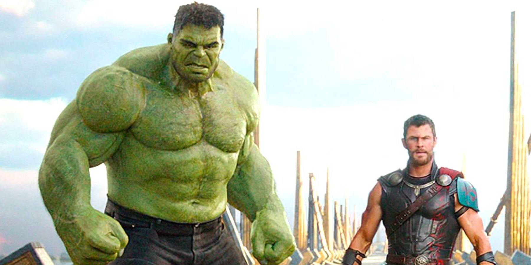 The Hulk (played by actor Mark Ruffalo), and Thor (played by actor Chris Hemsworth), ready themselves for battle on the Rainbow Bridge of Asgard in Thor: Ragnarok.