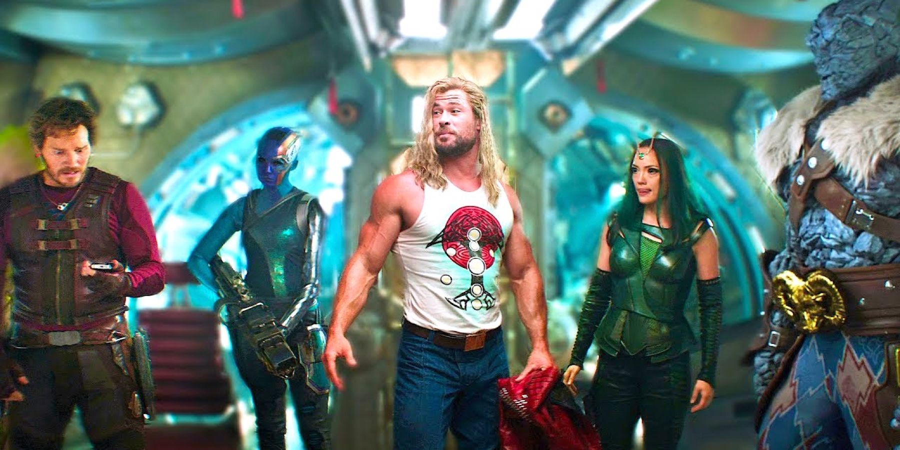 Thor (Chris Hemsworth), looks jovial inside the Guardian’s Spaceship, while Star-Lord (Chris Pratt), Nebula (Karen Gillan), Mantis (Pom Klementieff), and Korg (Taika Waititi), look dismayed in Thor: Love and Thunder