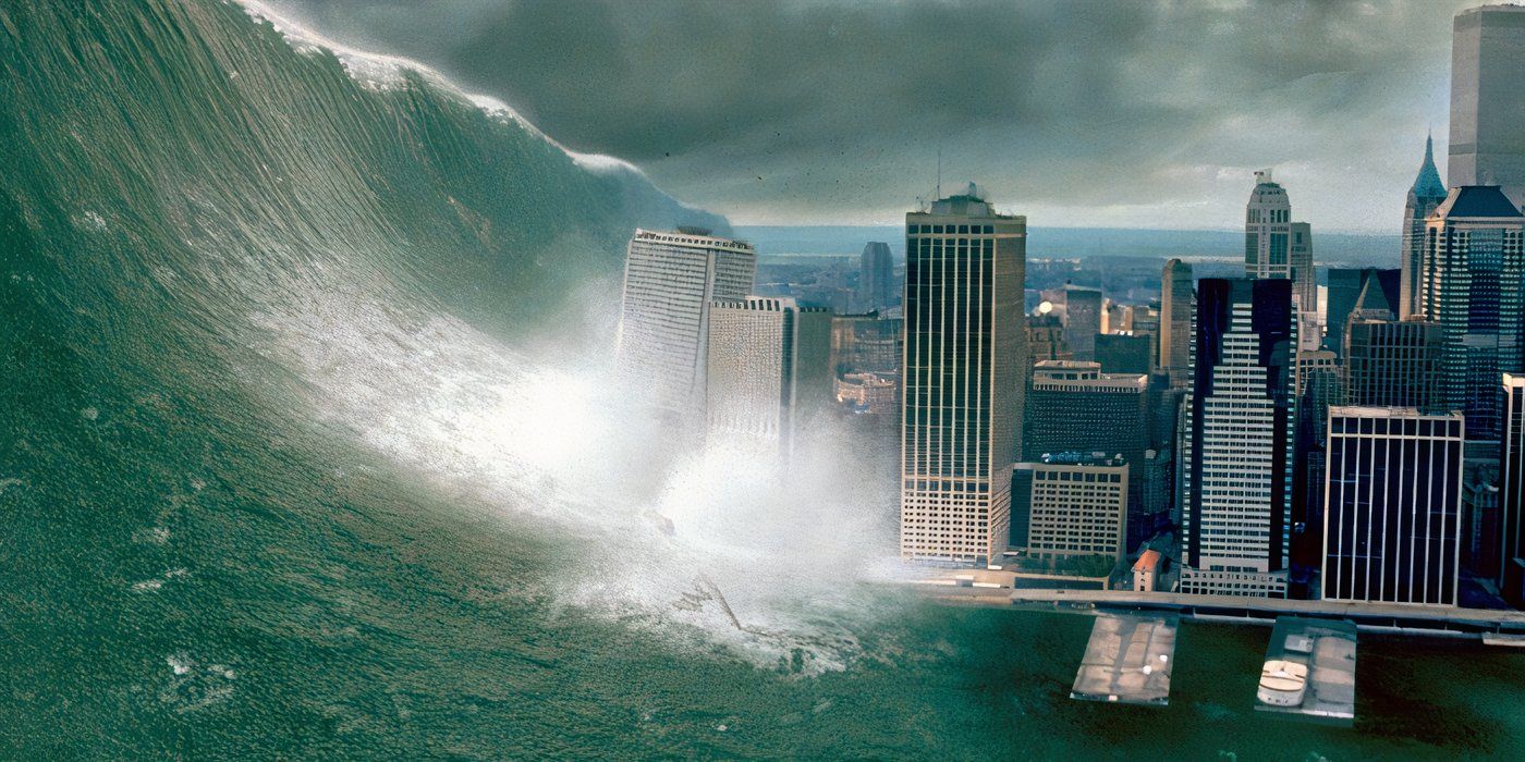 A tidal wave starts knocking New York buildings over like dominoes in 'Deep Impact'