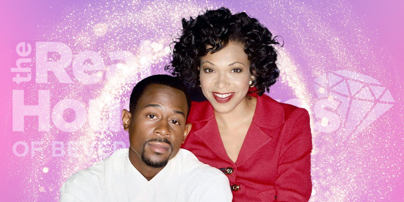 Tisha Campbell and Martin Lawrence with 'RHOBH' logo in background