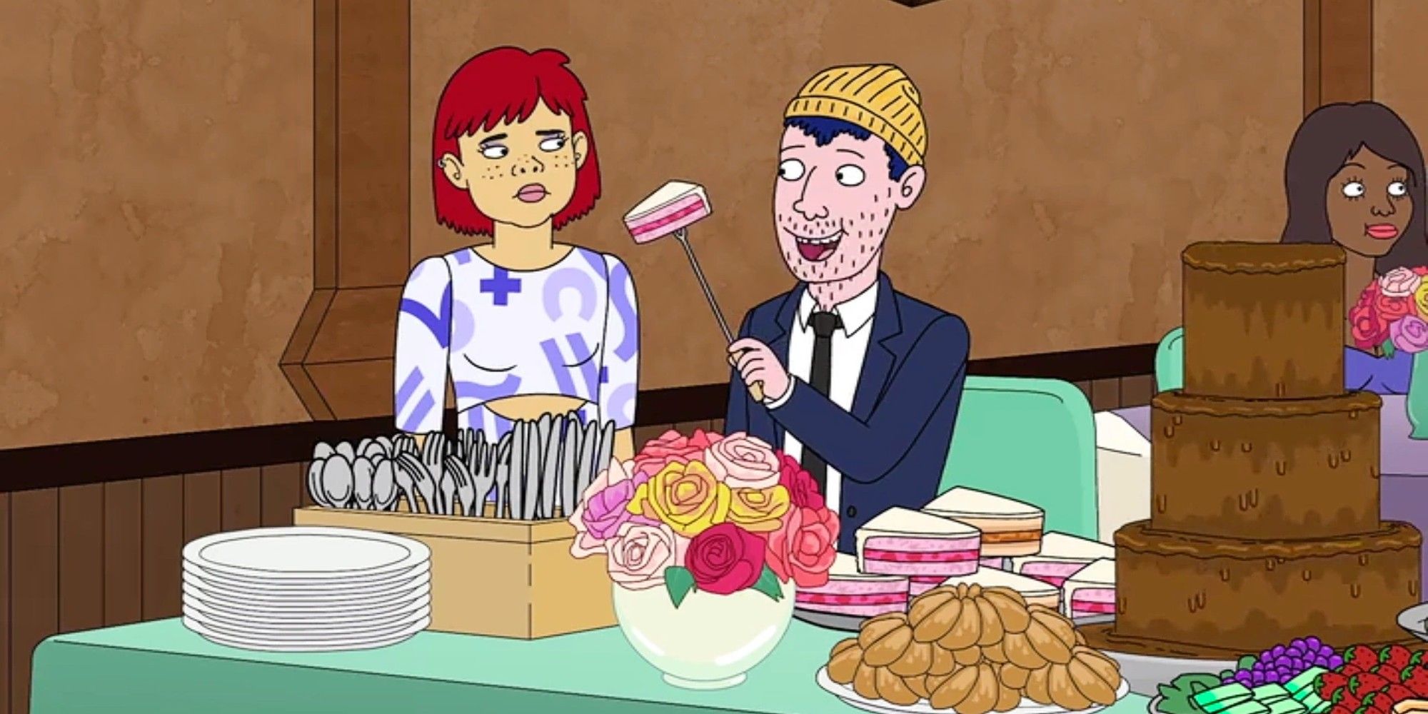 Todd Chavez and Emily in Bojack Horseman Todd and Emily getting cake from a buffet