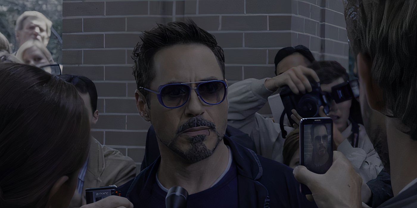 Tony Stark habla con la prensa fuera del hospital en Iron Man 3