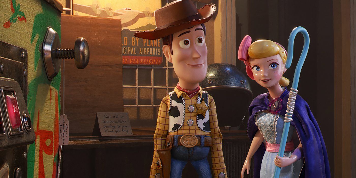 Woody and Bo Peep standing and looking at someone in a scene from Toy Story