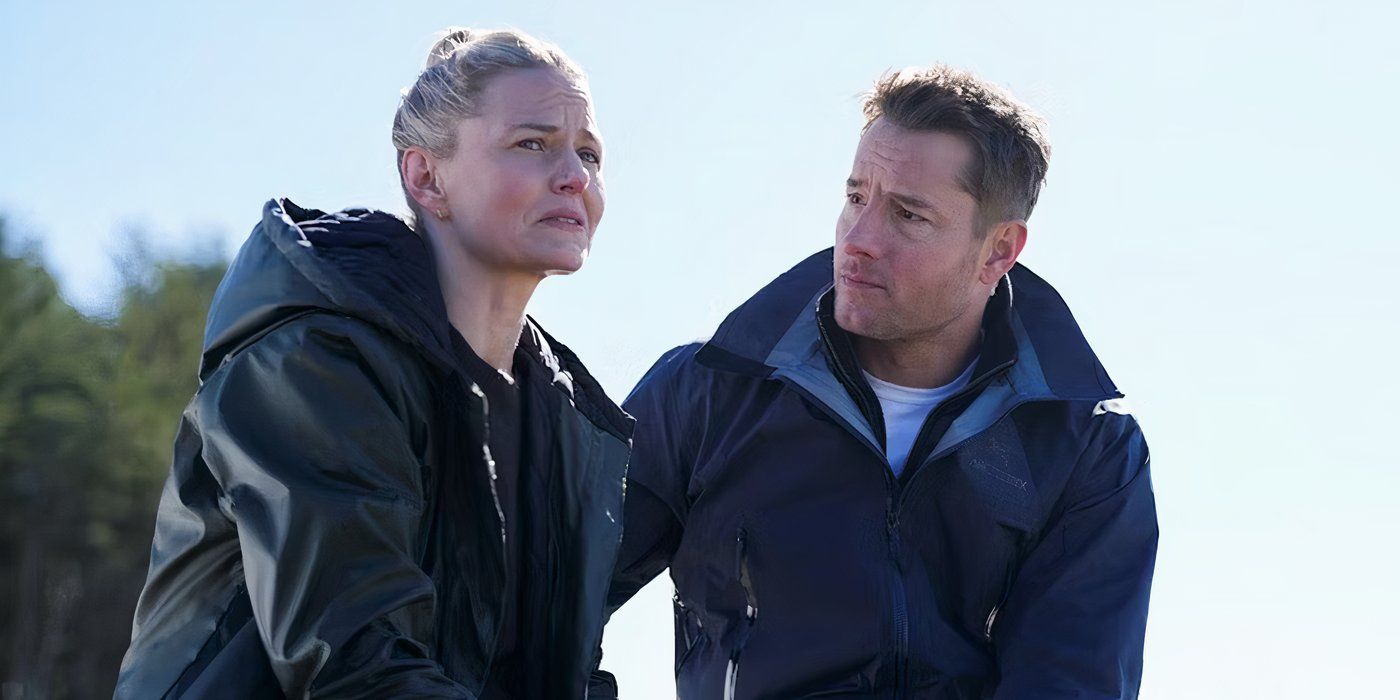 Jennifer Morrison and Justin Hartley sitting on a dock in Tracker Season 1 finale