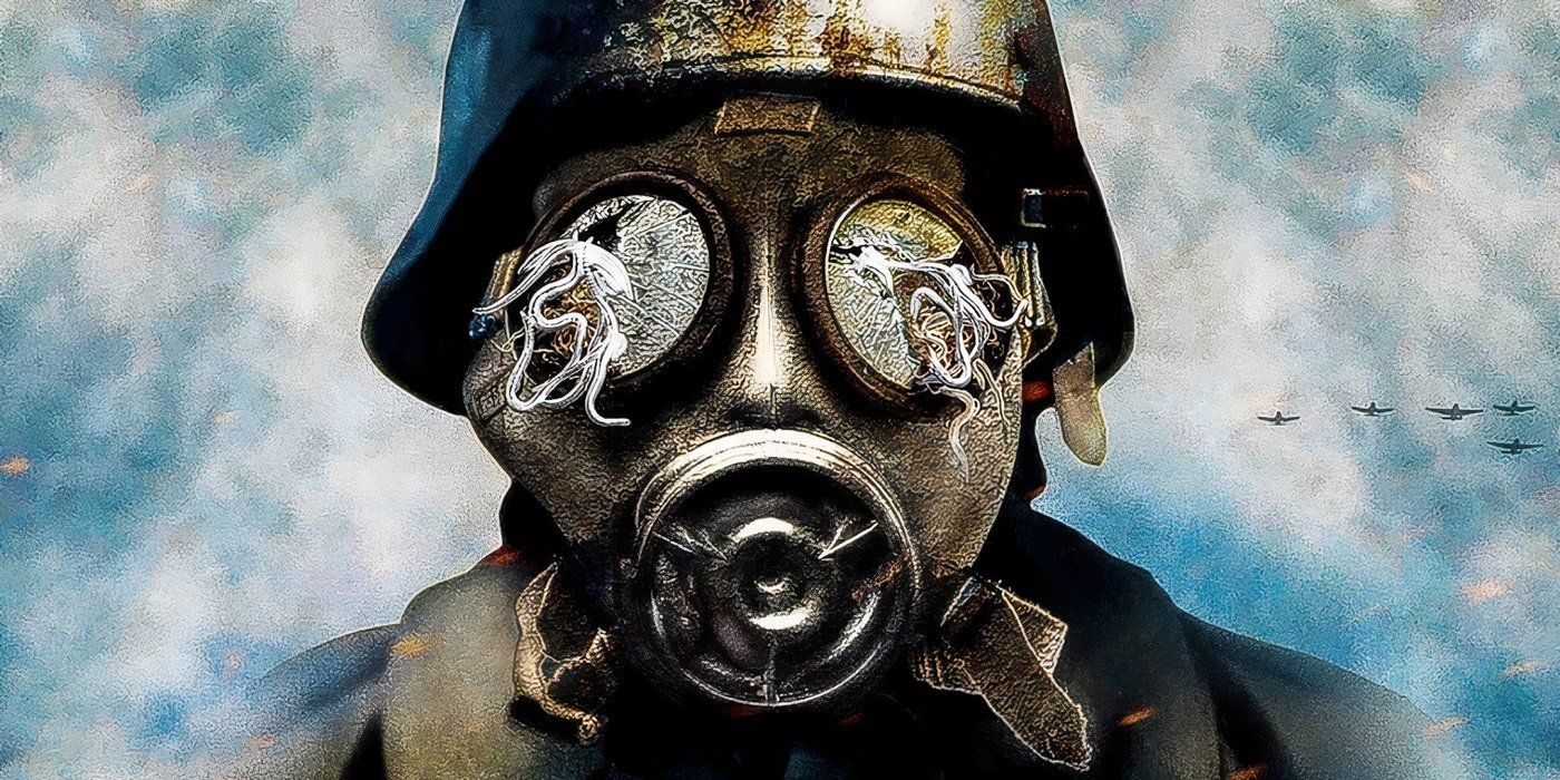A gas masked soldier stands against a blue cloudy sky with planes in the background. White worms crawl out of the shattered eyeholes in his mask
