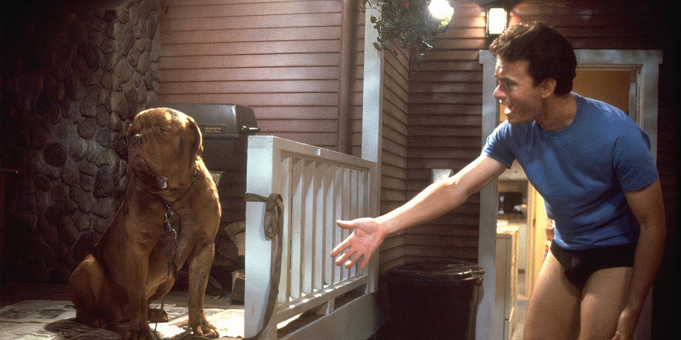 Tom Hanks in a T-shirt and underwear yelling at a dog outside in Turner & Hooch.