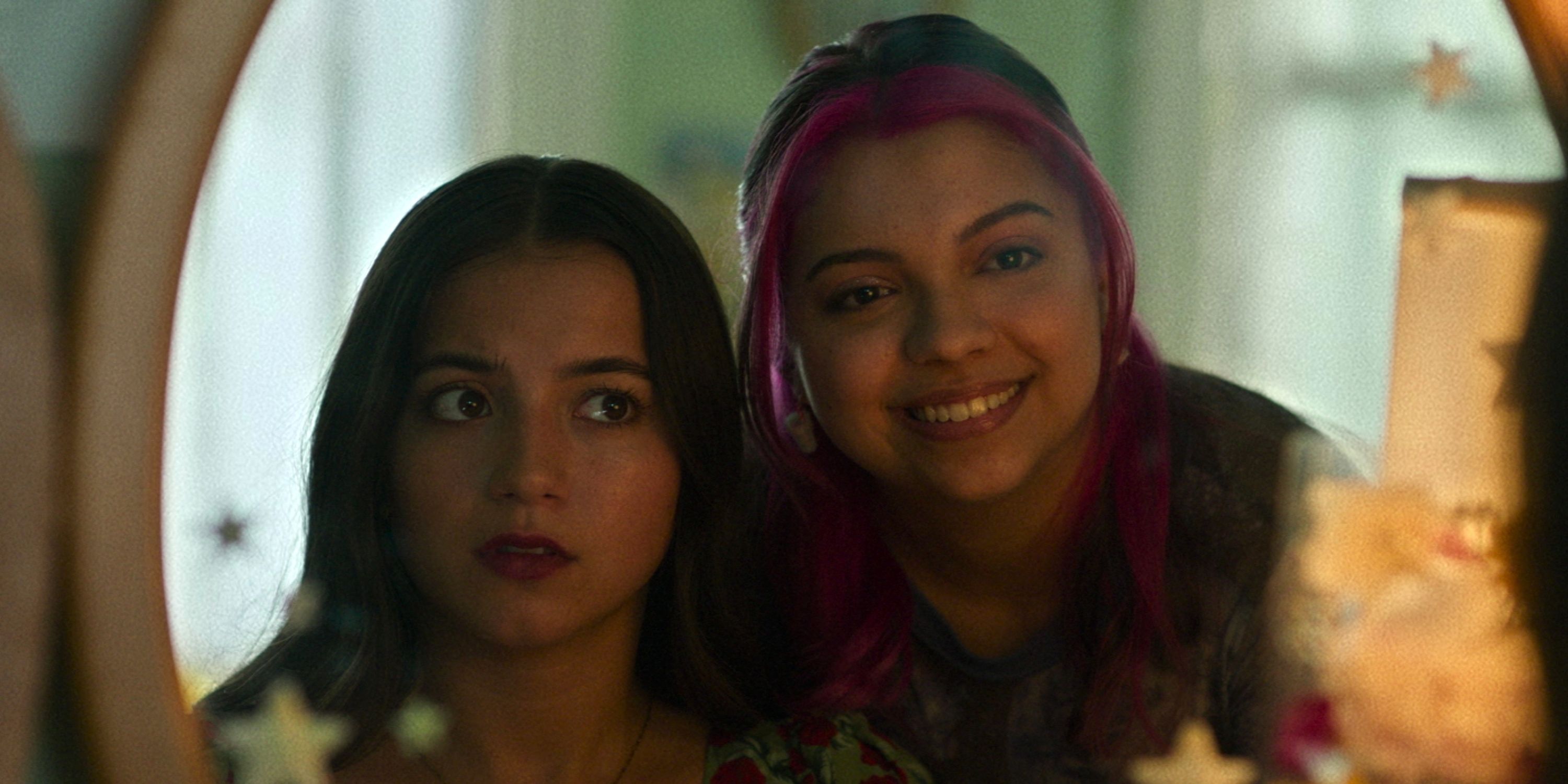 Isabela Merced and Cree looking in the mirror as Aza and Daisy in Max's Turtles All the Way Down